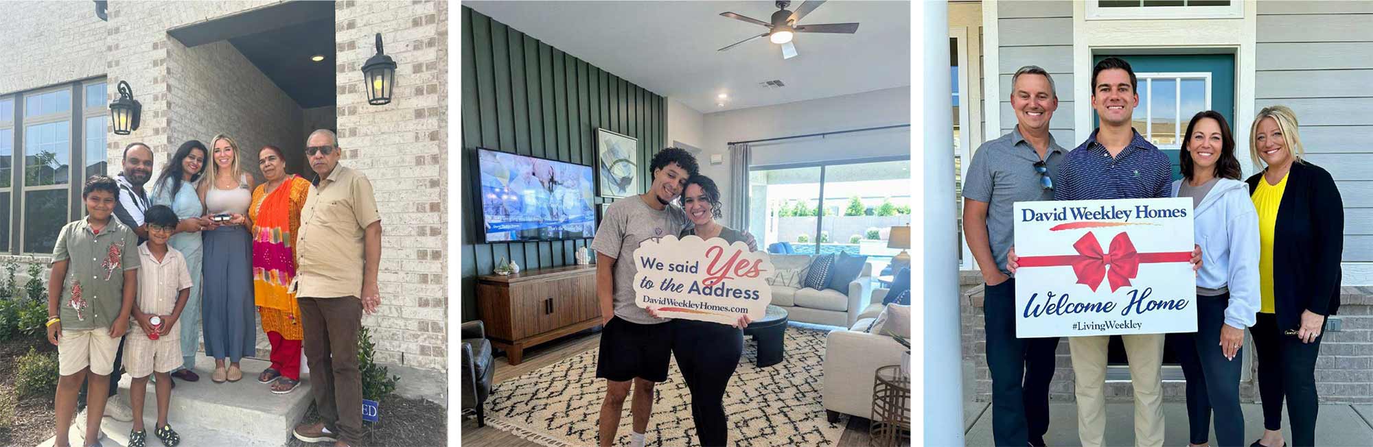 Photos of David Weekley Homeowners posing in or in front of their new David Weekley Homes