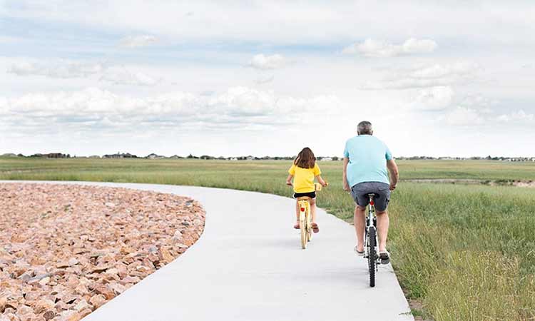 a man and a child riding bikes on a path